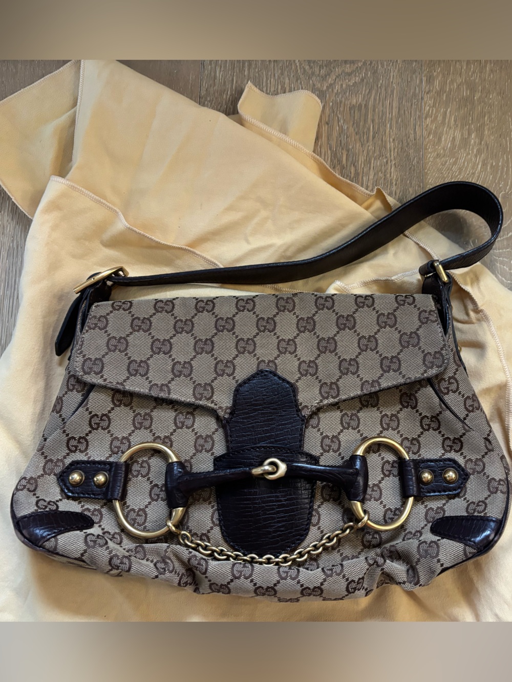 Gucci Beige/Brown Monogram Shoulder Bag with Gold Horsebit Accents tom ford